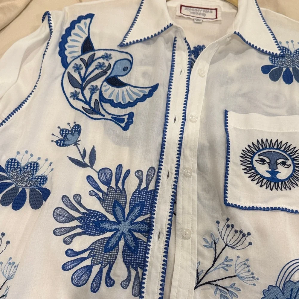 Johnny Was White Shirt with Blue Embroidery - Picture 11 of 15